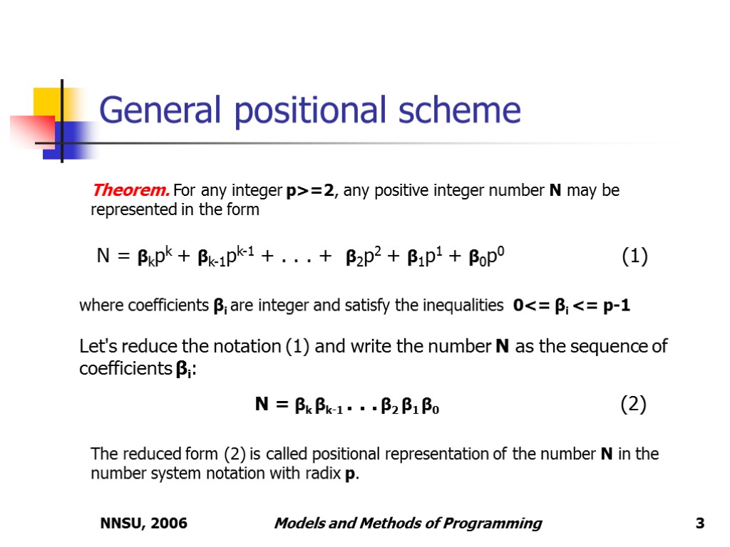 NNSU, 2006 Models and Methods of Programming General positional scheme Theorem. For any integer